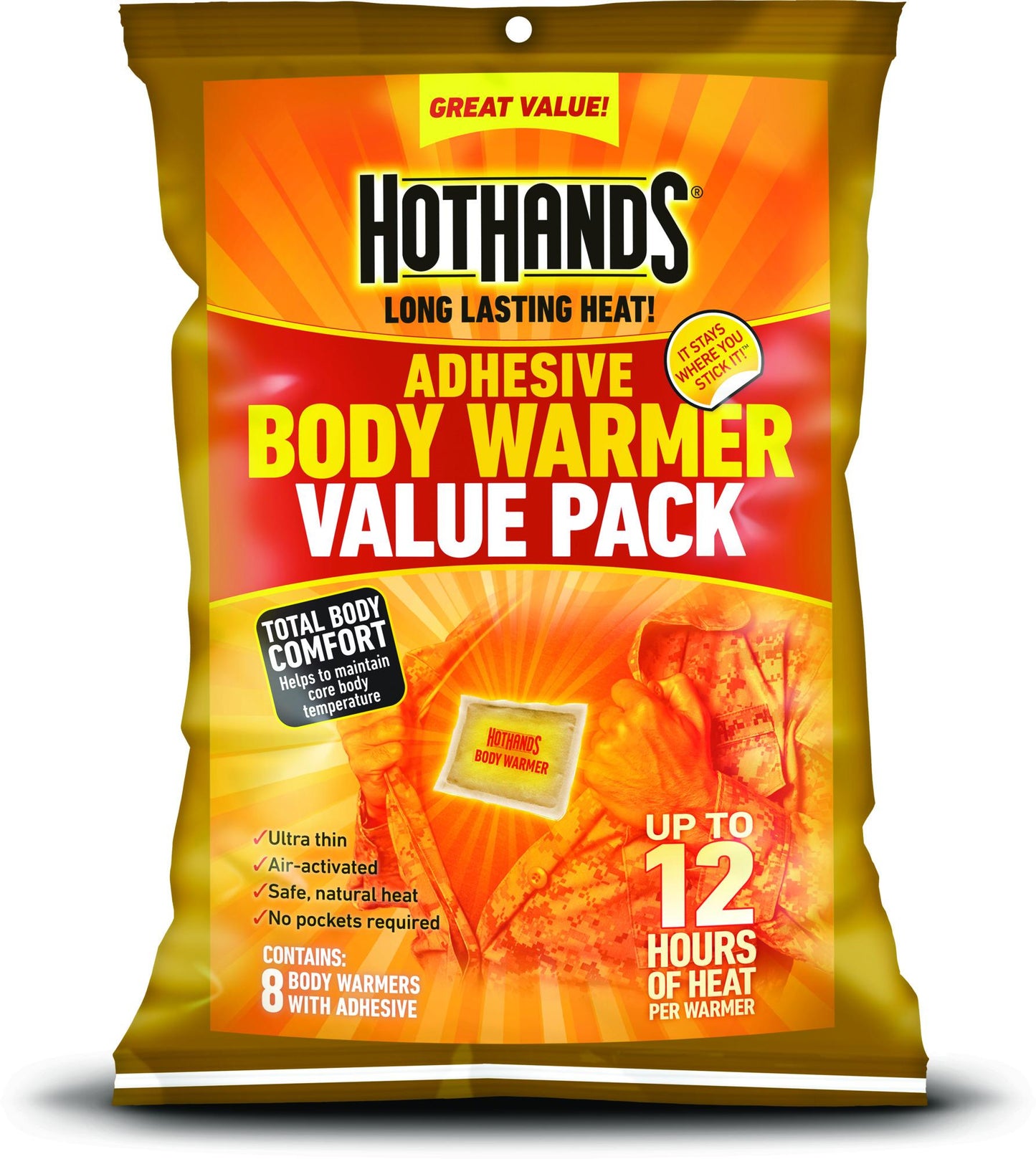 HotHands HH1ADH8PK Adhesive Body Warmers 4"x5" Value Pack 8 Pack
