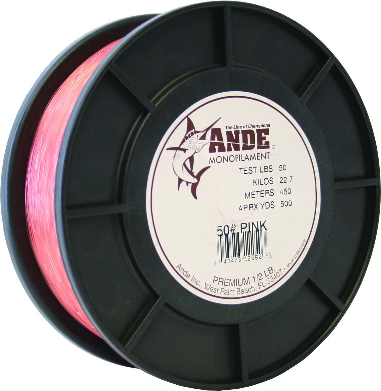 Ande A12-50P Premium Monofilament Fishing Line 1/2Lb Spool 50 lb 500 Yards Pink
