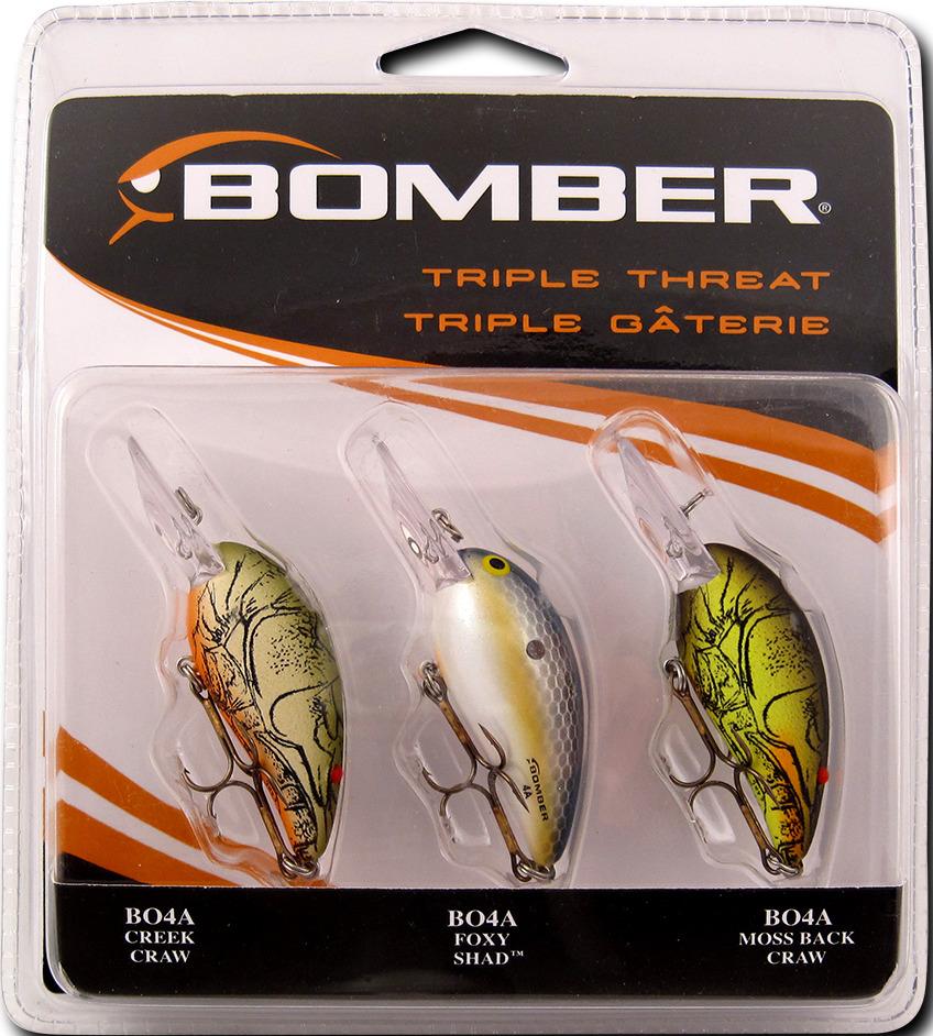 Bomber Fishing Lure PK3BOMB1 Triple Threat Model A Creek Craw Foxy Shad And Moss Back Craw 3 Pack
