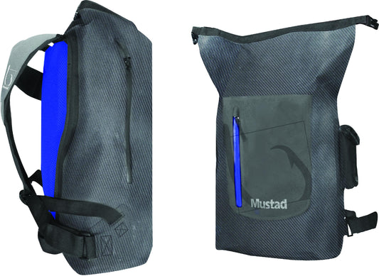 Mustad MB010 Dry Backpack 30 Liter Zipper Top, Side Access, Dark