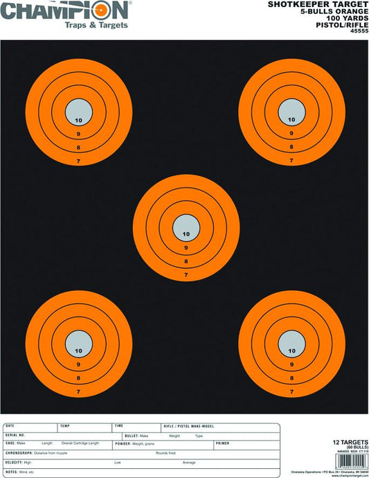 Champion 45555 Shotkeeper 5 Large Bullseye Target, Black/Orange Bull 11"x16", 12pk