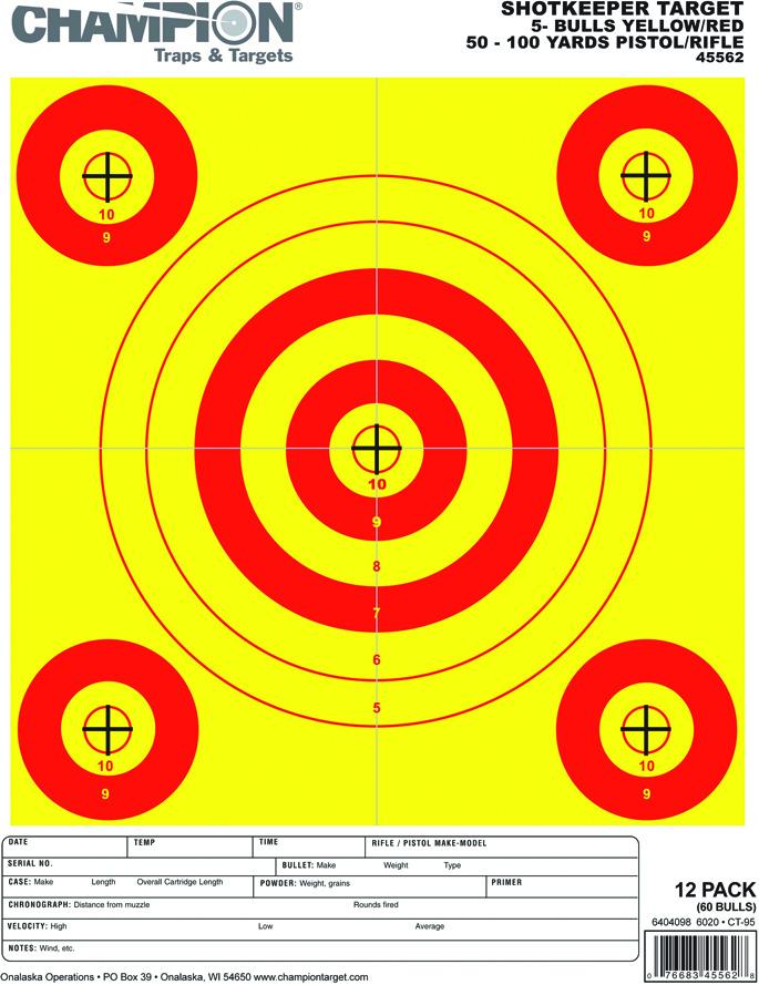 Champion 45562 Shotkeeper 5 Small Bullseye Target, Yellow/Red Bull 8.5"x11", 12pk