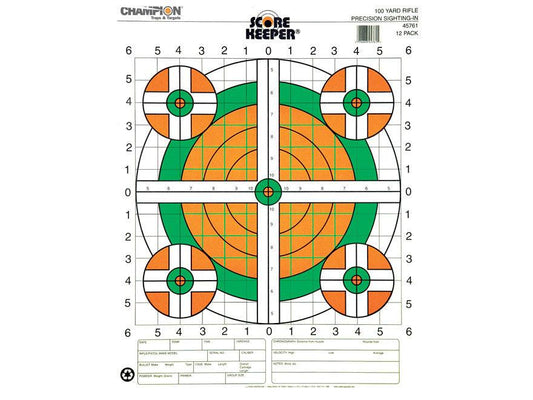 Champion 45761 Scorekeeper 100Yd Sight-In Rifle Target, Flourescent Orange/Green Bull, 14"x18", 12Pk