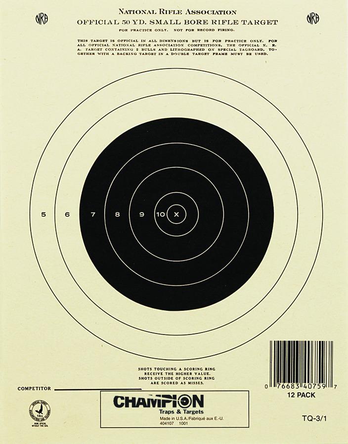 Champion 40759 GTQ3/1 Official NRA 50 yd Small Bore Rifle Target Single Bull, 7"x9", 12Pk