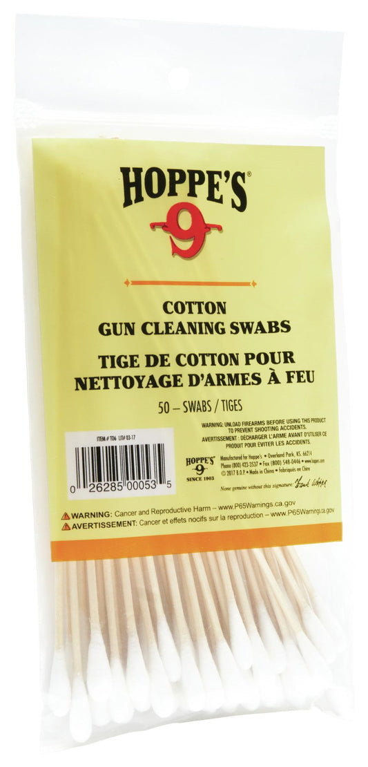 Hoppes T06 Cotton Cleaning Swab 50 Ct Wood Grain 5.9", Poly Bag